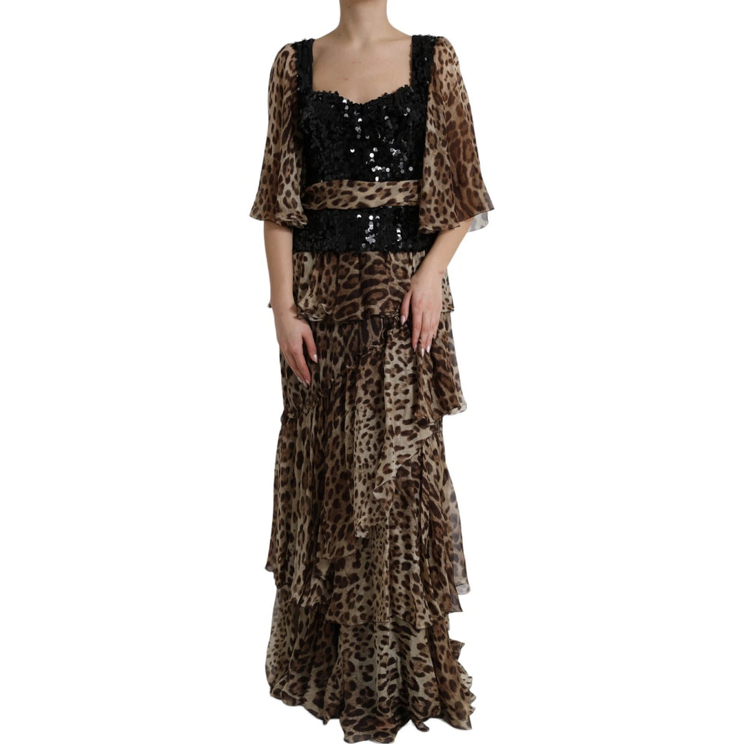 Leopard Print Silk Sequin Ruffle Maxi Dress