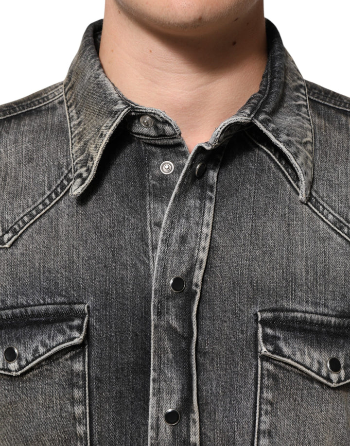 Black Washed Cotton Snap Long Sleeve Casual Shirt