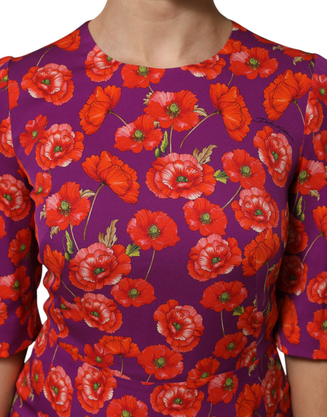 Purple Silk Floral Print Midi Sheath Dress