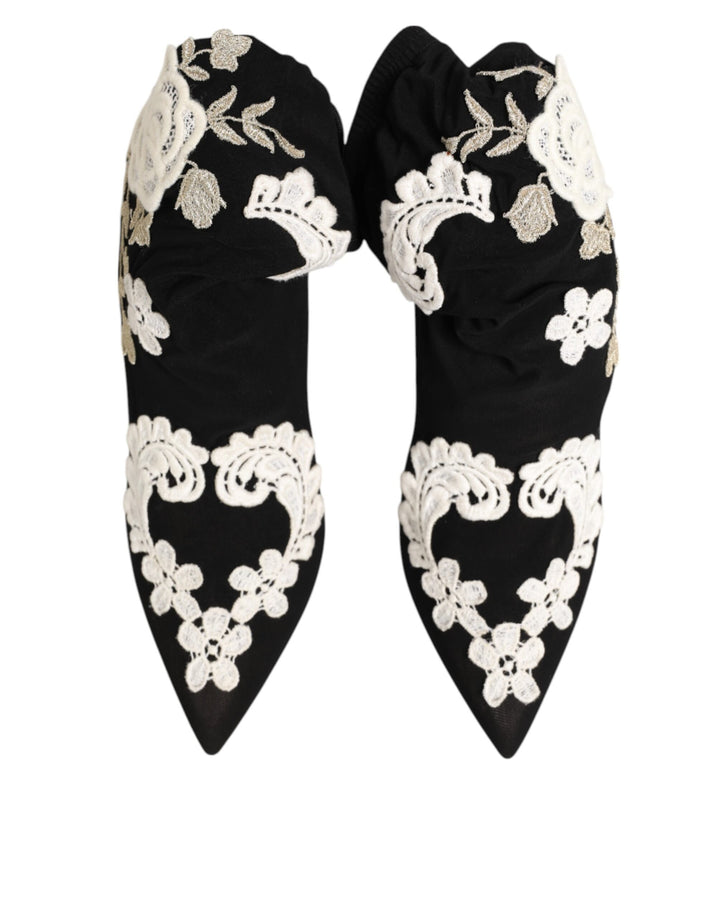 Black White Embroidered Jersey Stiletto Boots Shoes