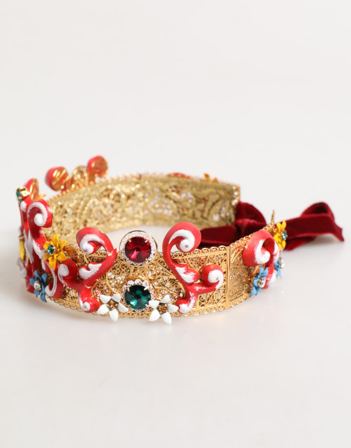 Red Carretto Multicolor Crystal Gold Tiara Crow Headband