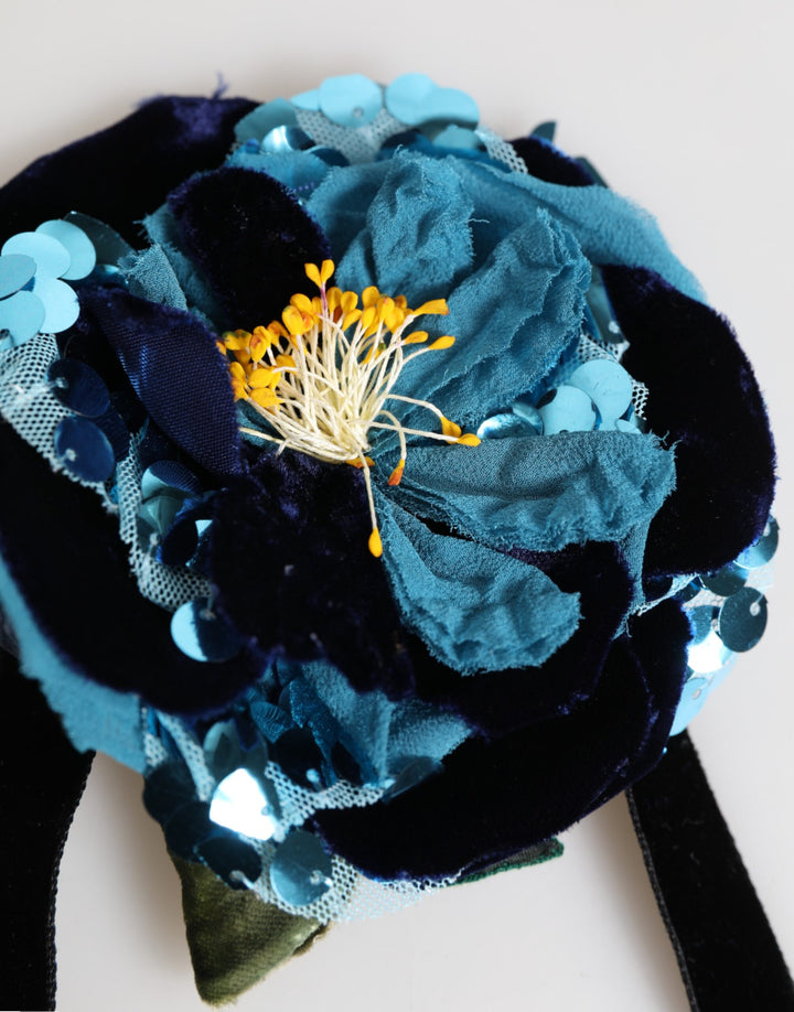 Blue Floral Appliqué Velvet Choker Crystal Beads Necklace