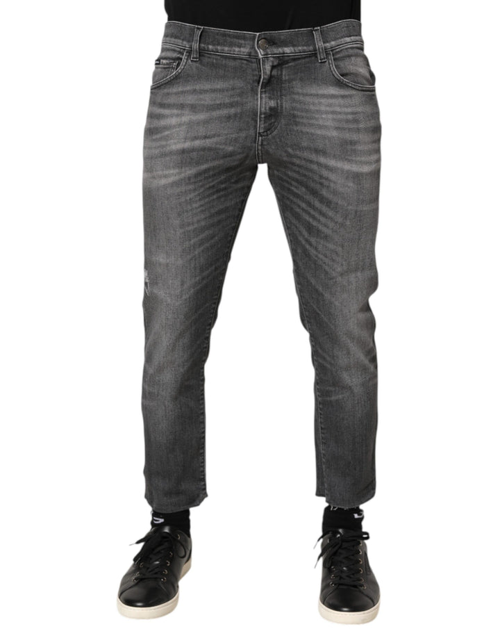 Grey Cotton Denim Slim Fit Distressed Pants Jeans