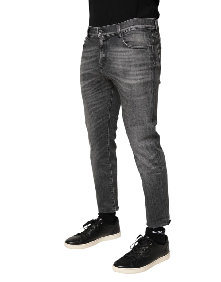 Grey Cotton Denim Slim Fit Distressed Pants Jeans