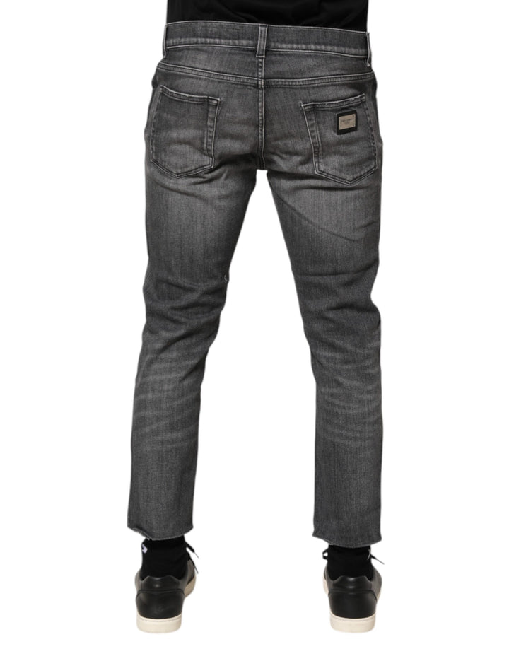Grey Cotton Denim Slim Fit Distressed Pants Jeans