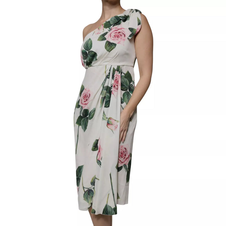 White Floral Silk One Shoulder Midi Dress