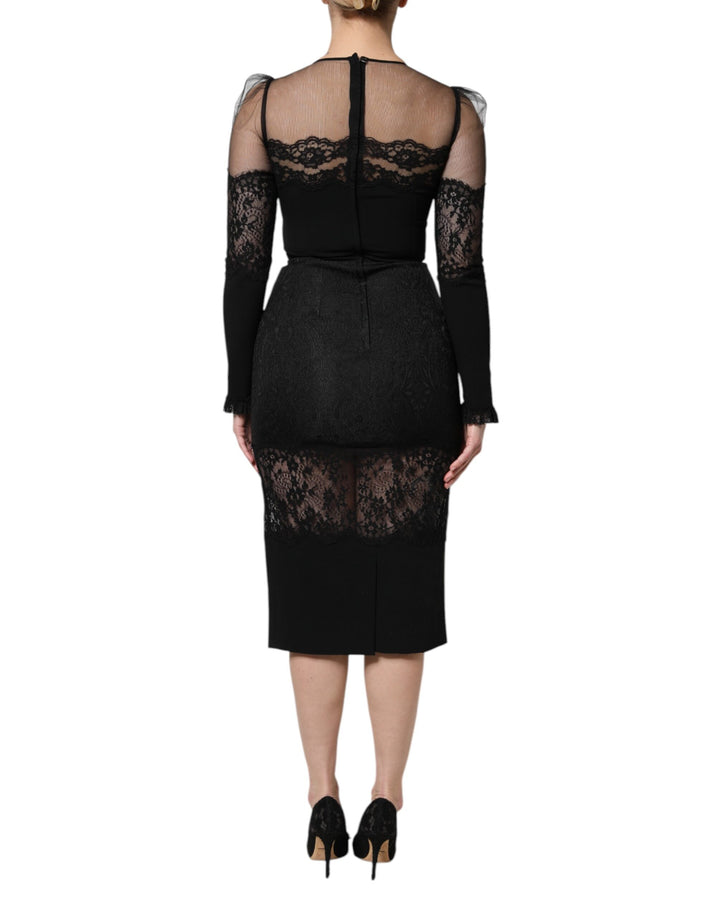 Black Lace Trim Nylon Tulle SheathMidi Dress