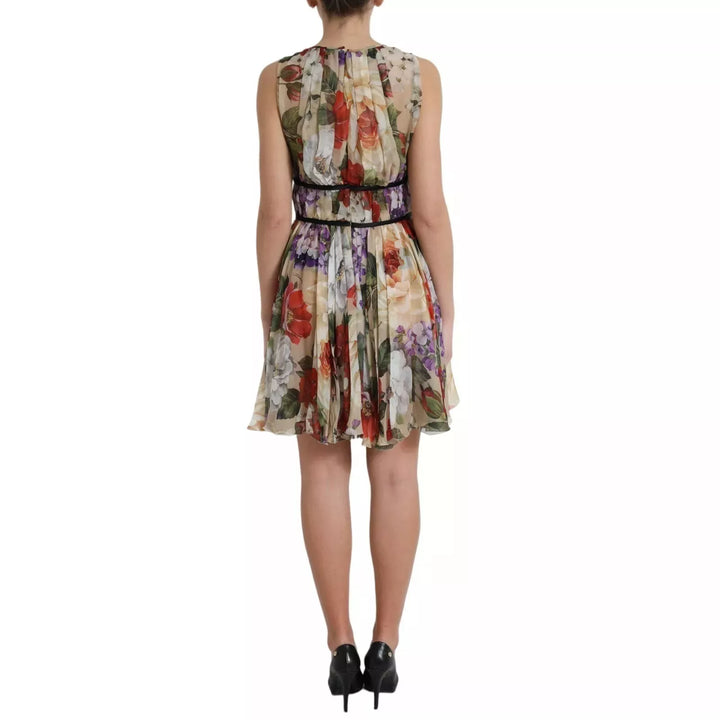 Beige Floral Sleeveless A-line Mini Dress