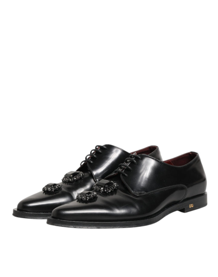 Black Leather Jeweled Crystals Derby Shoes