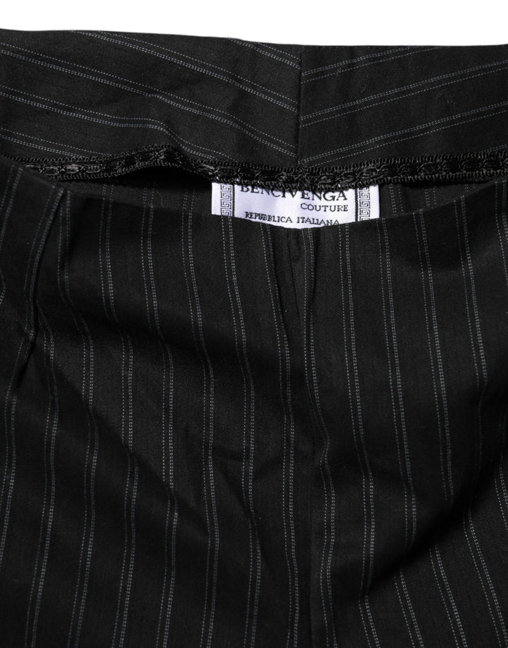 Black Wool Blend Pinstripe Straight Leg Pants