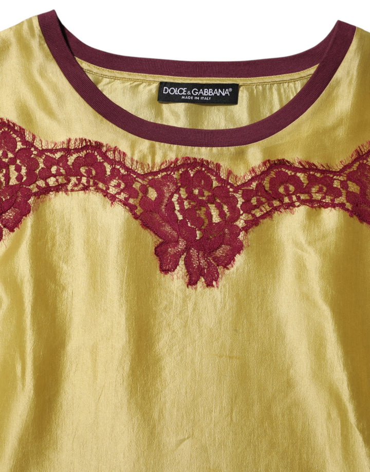 Yellow Silk Satin Floral Lace Short Sleeves Top
