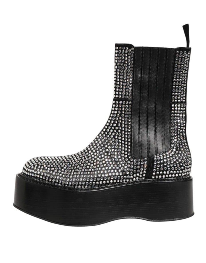 Black Crystal Strass Mid Calf Short Boots  Shoes