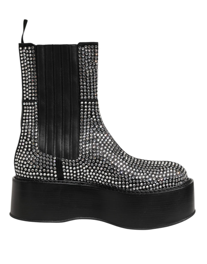 Black Crystal Strass Mid Calf Short Boots  Shoes