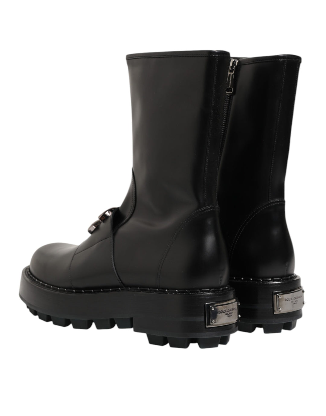 Black Logo Plaque Mid Calf Biker Boots Shoes
