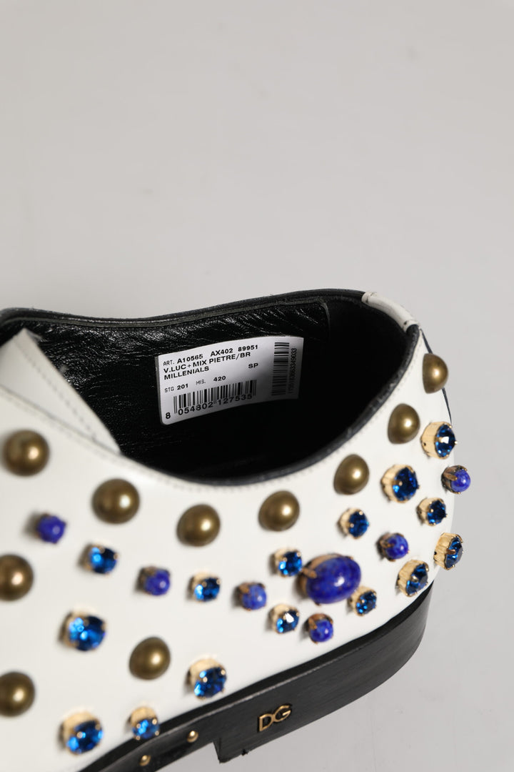 White Leather Crystals Embellished Dress Shoes