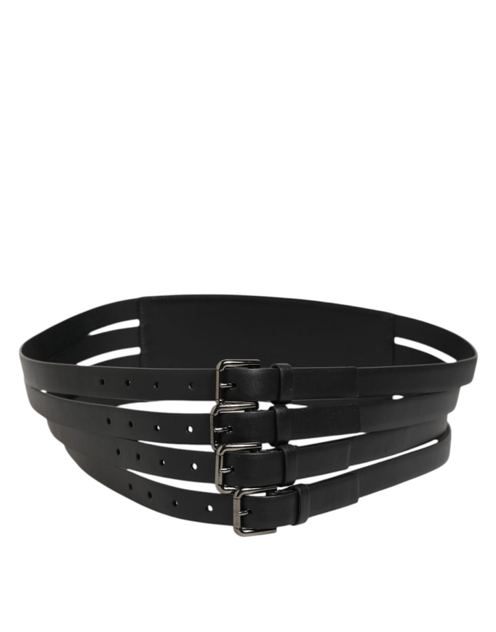 Black Leather 4-Strap Metal Multi-Buckle Belt