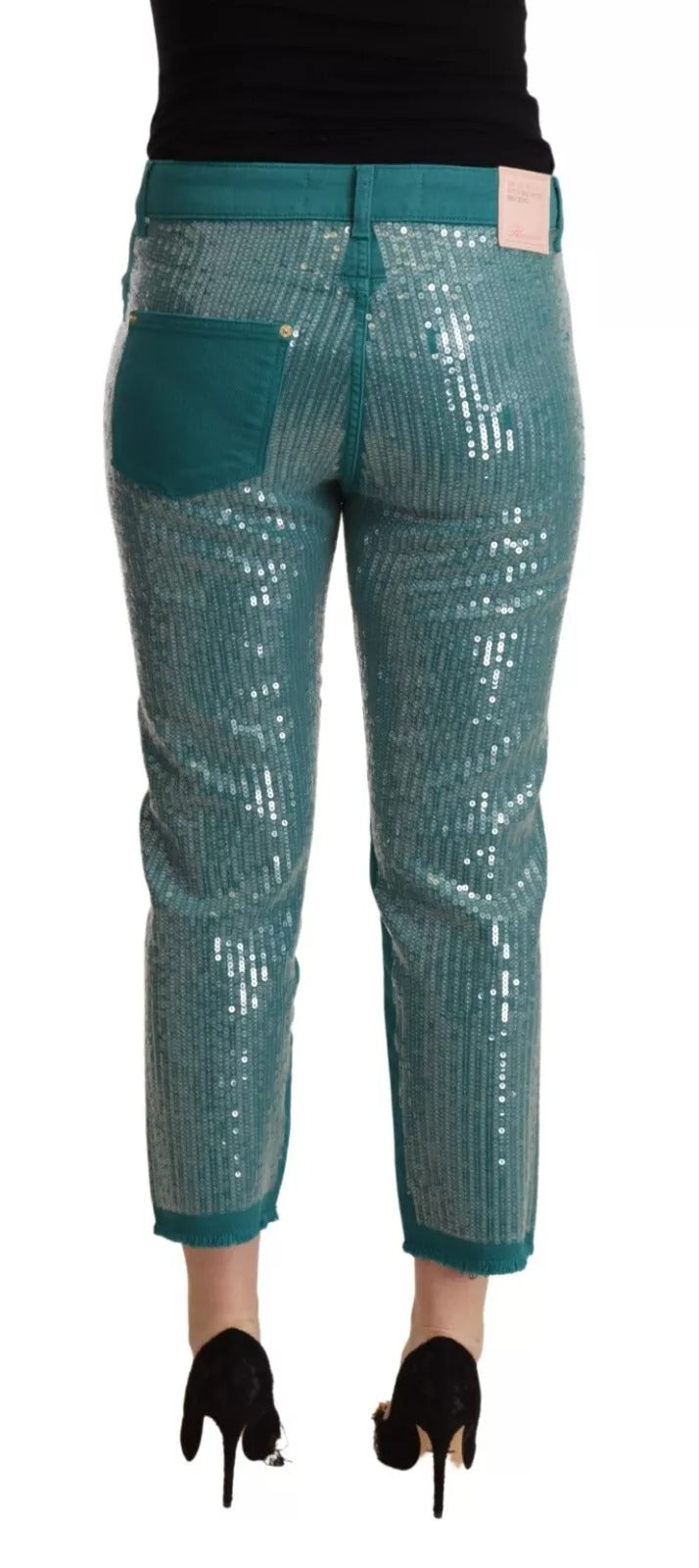 Cadet Blue Sequined Low Waist Cropped Trouser Pants
