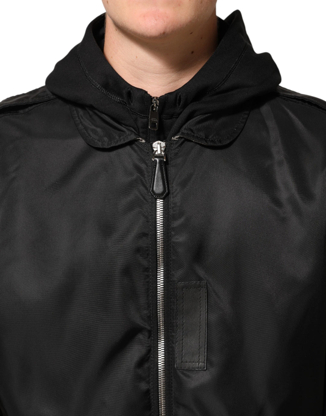 Black Cotton Hooded Full Zip Bomber Jacket