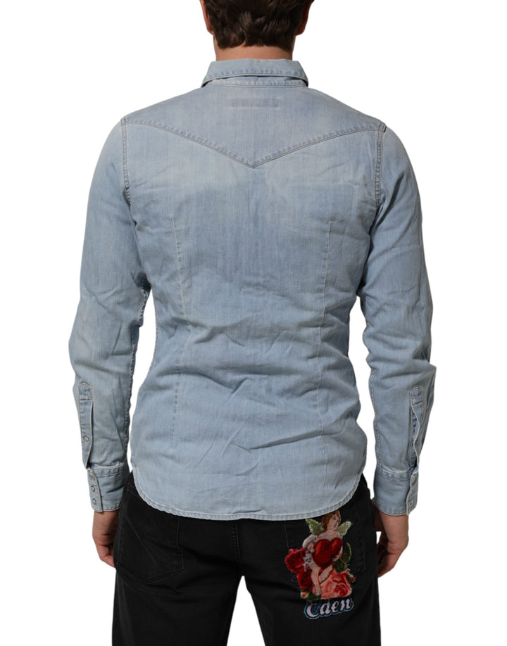 Blue Denim Collared Long Sleeve Men Shirt
