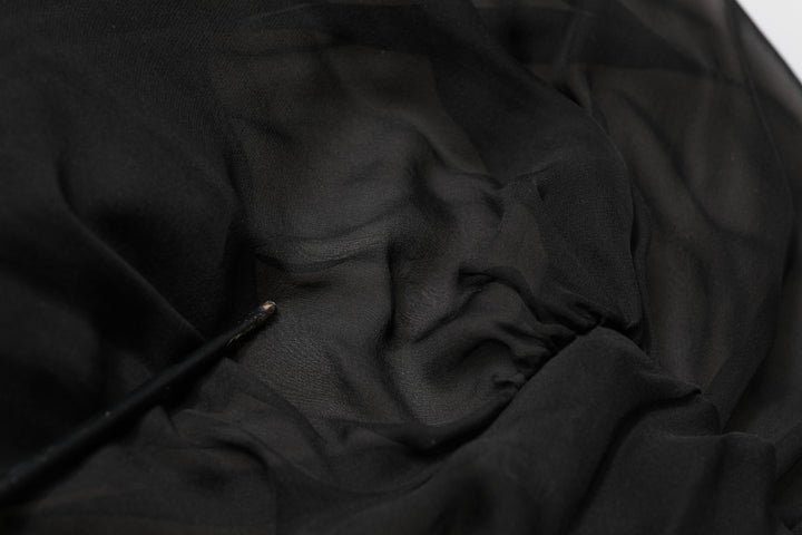 Black Silk Tulle Long Sleeve V-neck Dress