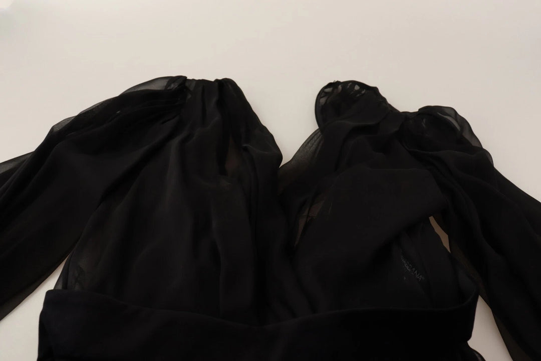 Black Silk Tulle Long Sleeve V-neck Dress