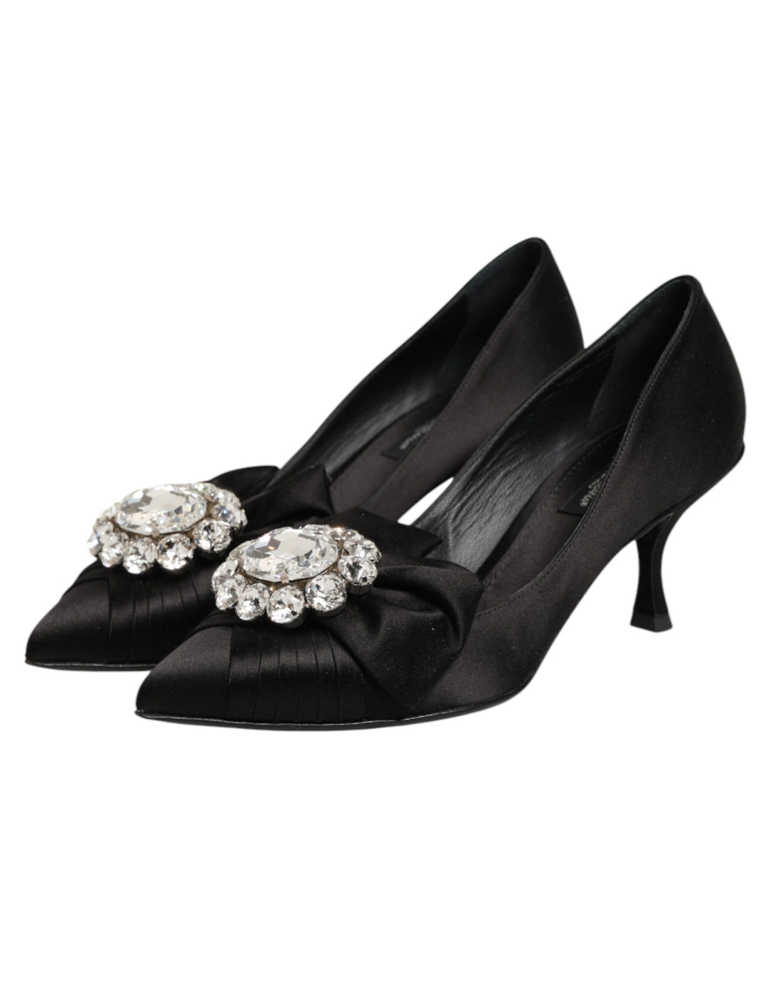 Black Satin Bow Crystal Embellishment Pumps Shoes