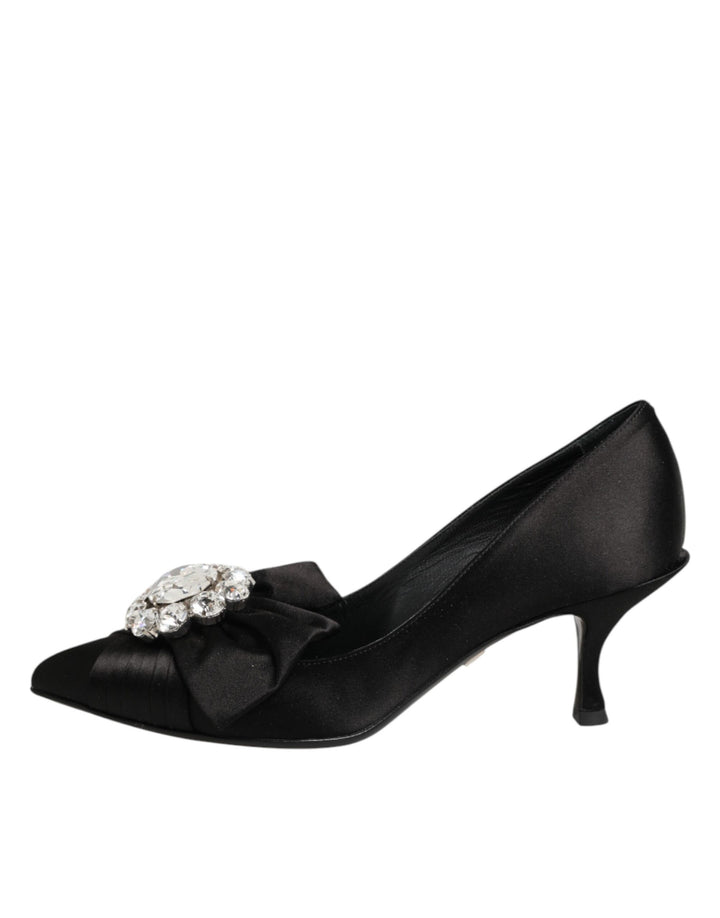Black Satin Bow Crystal Embellishment Pumps Shoes
