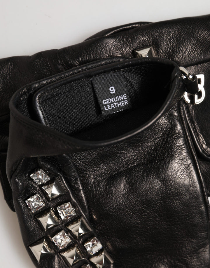 Black Leather Studded Fingerless Hand Mitten Men Gloves