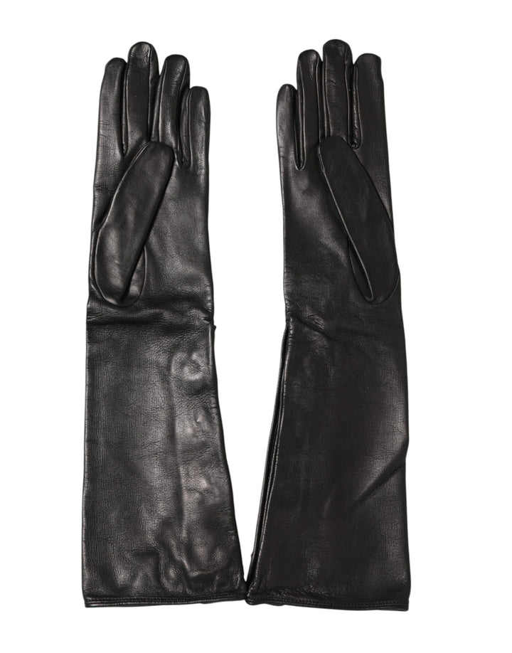 Black Leather Embellished Long Mitten Gloves