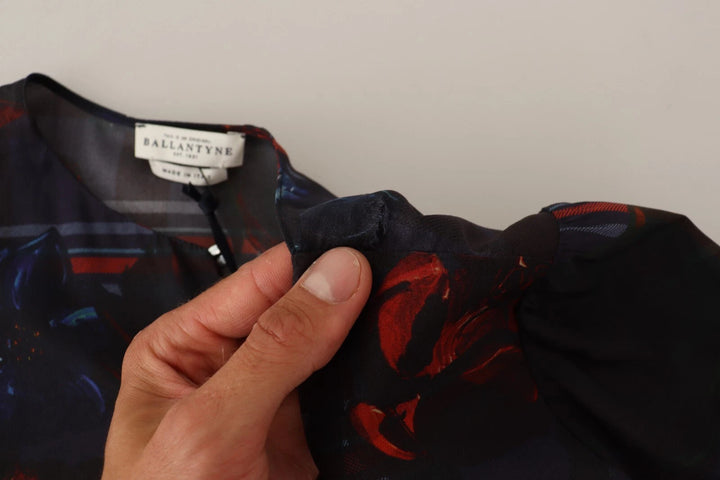 A-line Navy Blue Floral Silk Long Sleeve Knee Length Dress