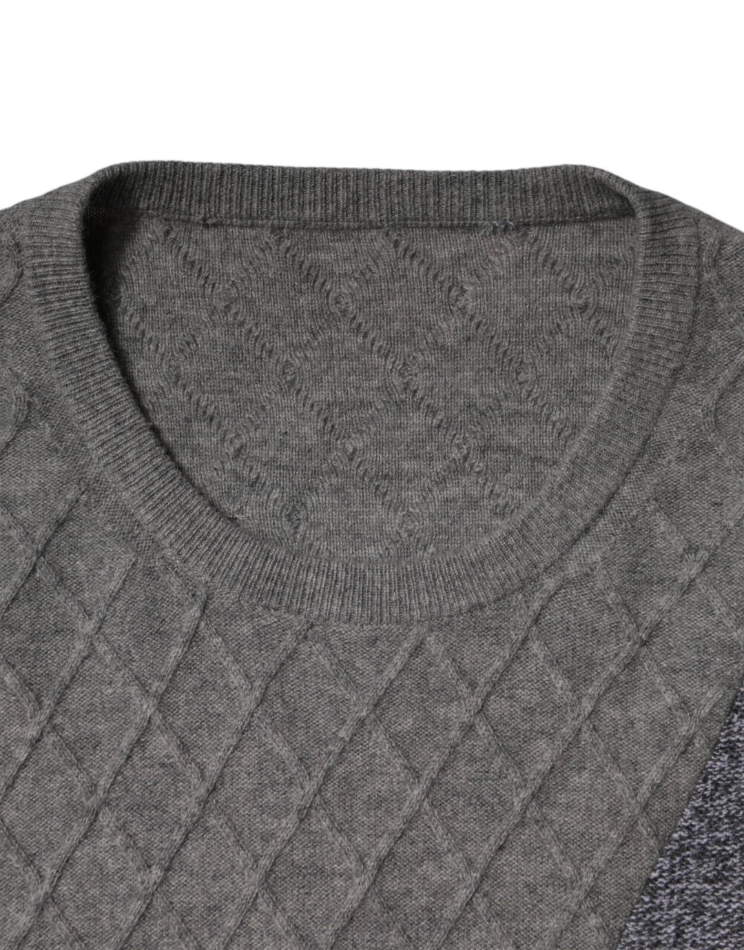 Gray Cashmere Argyle Intarsia Knit Crew Neck Men Sweater