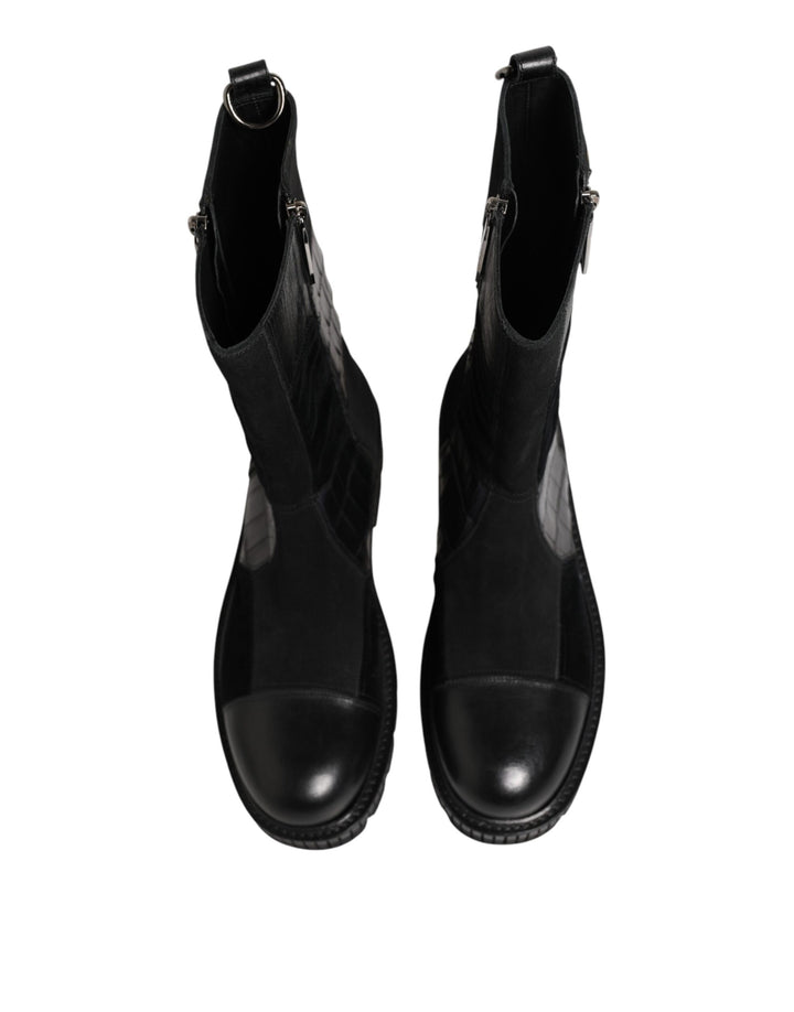 Black Patchwork Leather Mid Calf Boot  Shoes