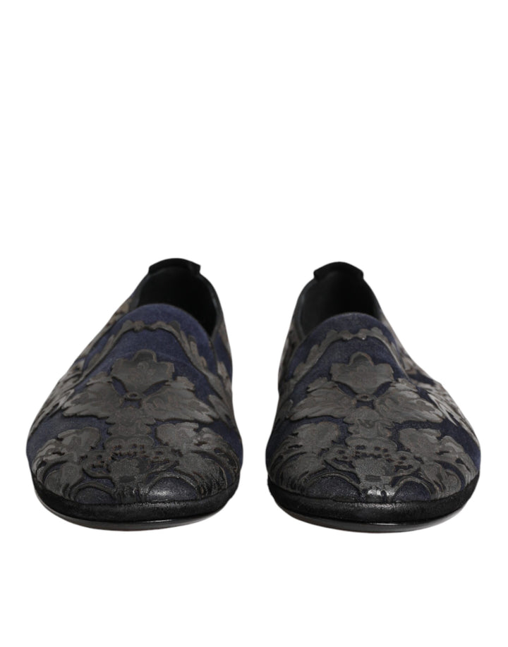 Black Jacquard Leather Slip On Loafers Shoes