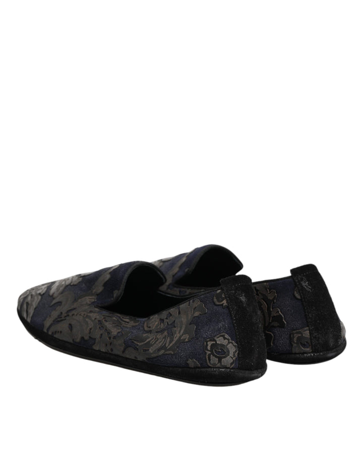 Black Jacquard Leather Slip On Loafers Shoes