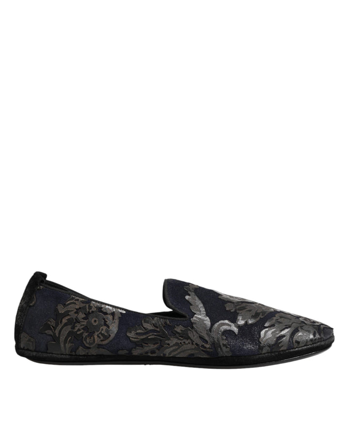 Black Jacquard Leather Slip On Loafers Shoes
