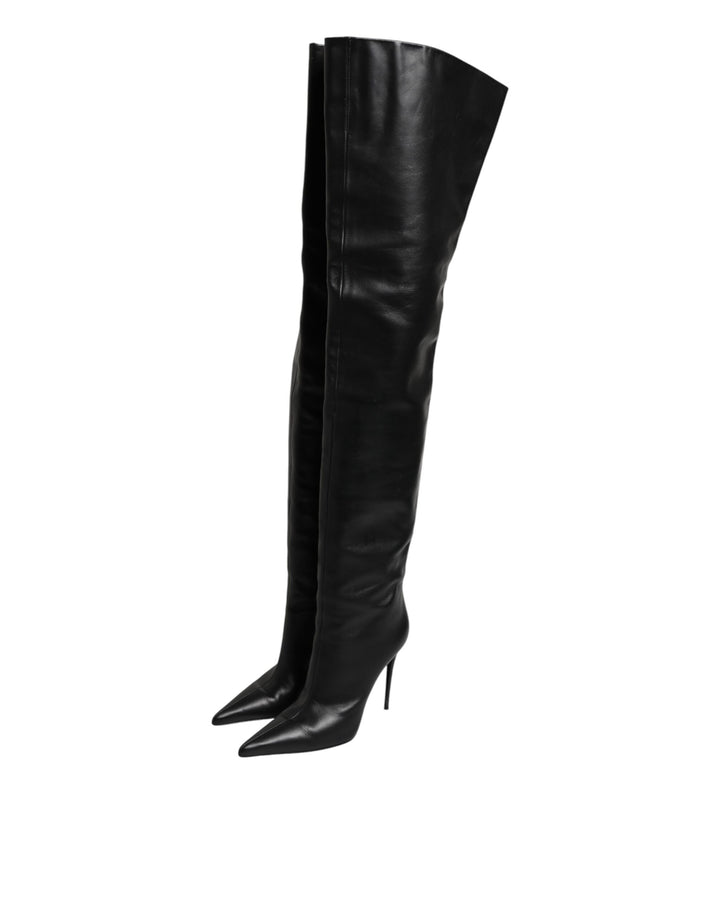 Black Leather Stiletto Knee High Boots Shoes