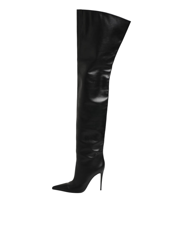 Black Leather Stiletto Knee High Boots Shoes