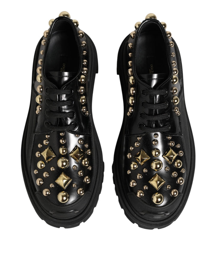 Black Leather Jeweled Crystals Derby Shoes