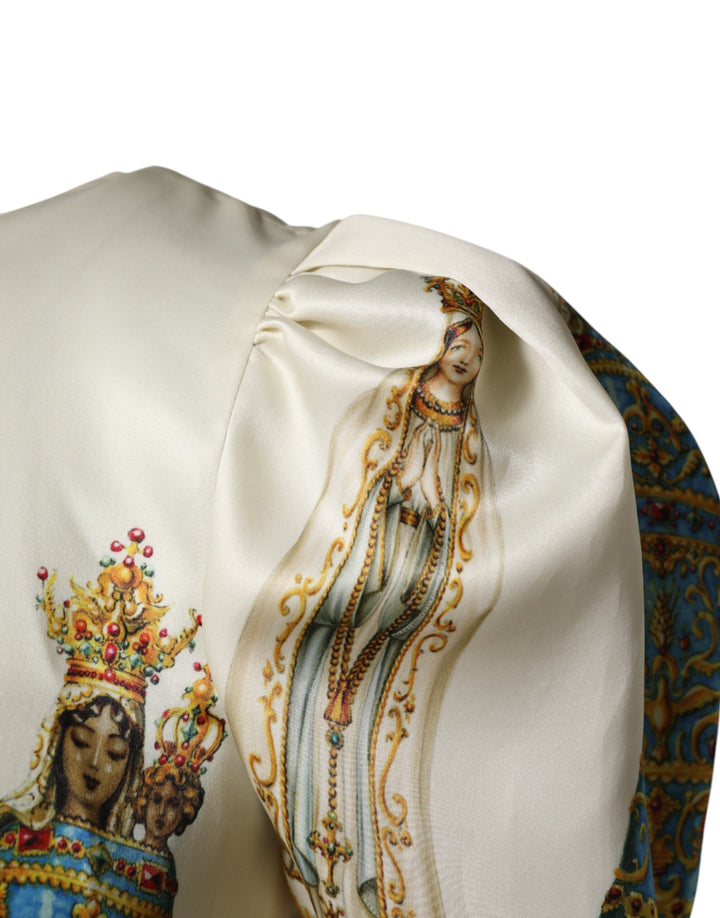 Beige Madonne Print Silk Short Sleeve Dress