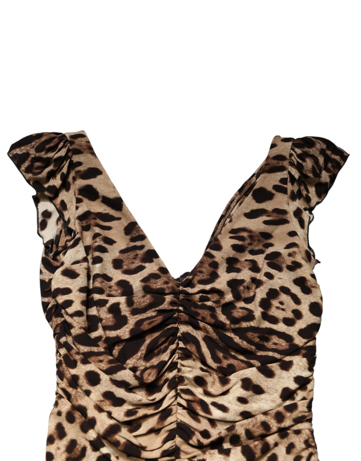 Brown Leopard Sleeveless Sheath Midi Dress