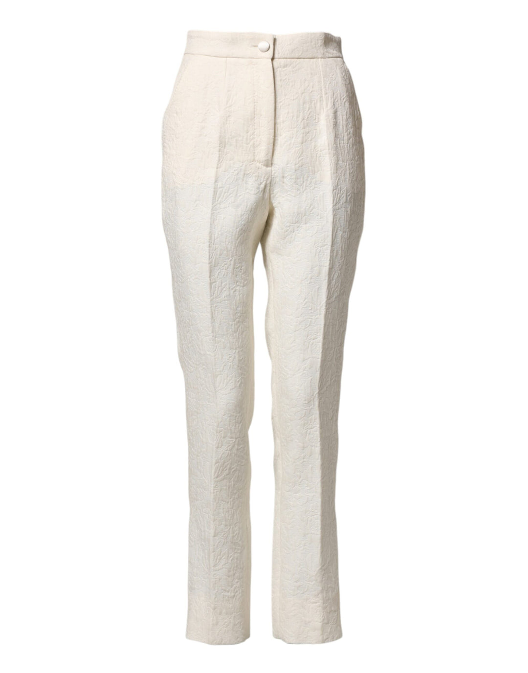White Cotton Floral Brocade Dress Pants