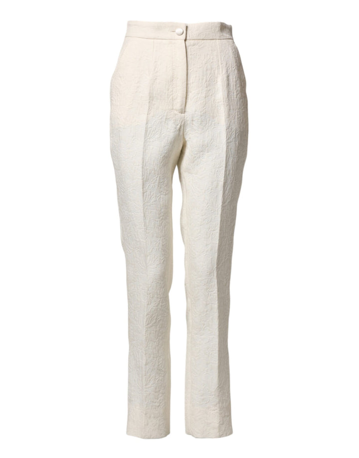 White Cotton Floral Brocade Dress Pants