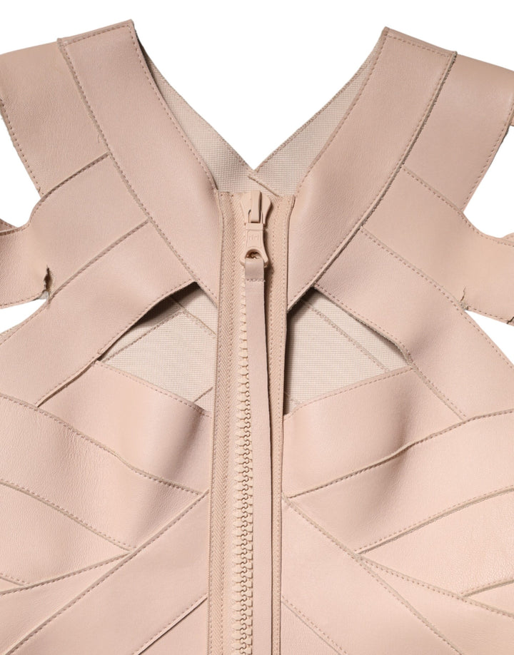 Beige Leather Short Sleeves Sheath Mini Dress