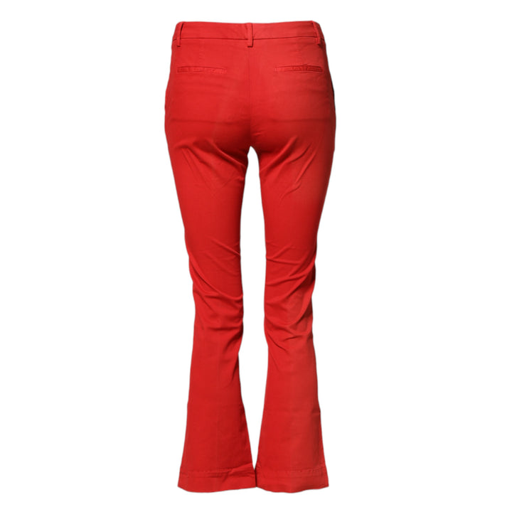 Red Flared Mid Waist Chino Casual Trouser Pants