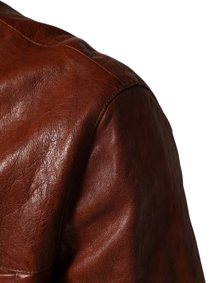 Brown Leather Button Down Men Biker Jacket