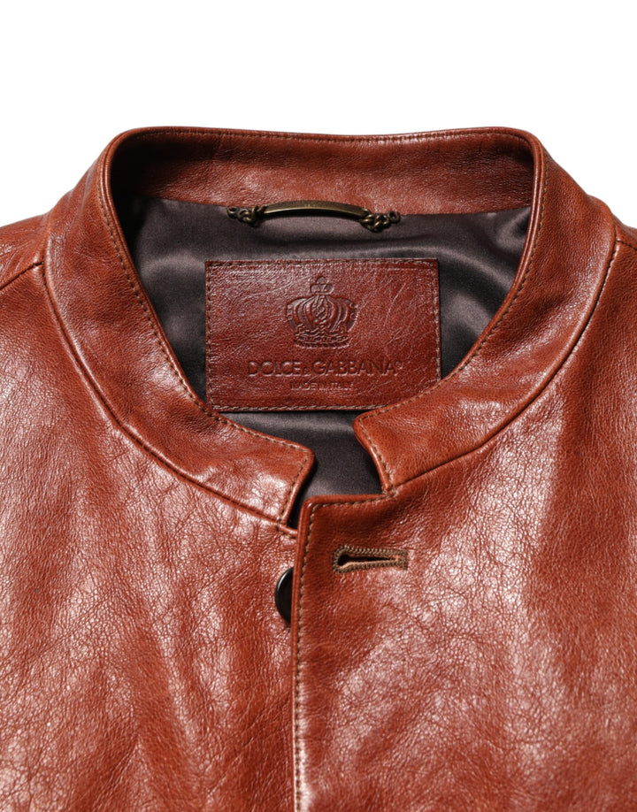 Brown Leather Button Down Men Biker Jacket