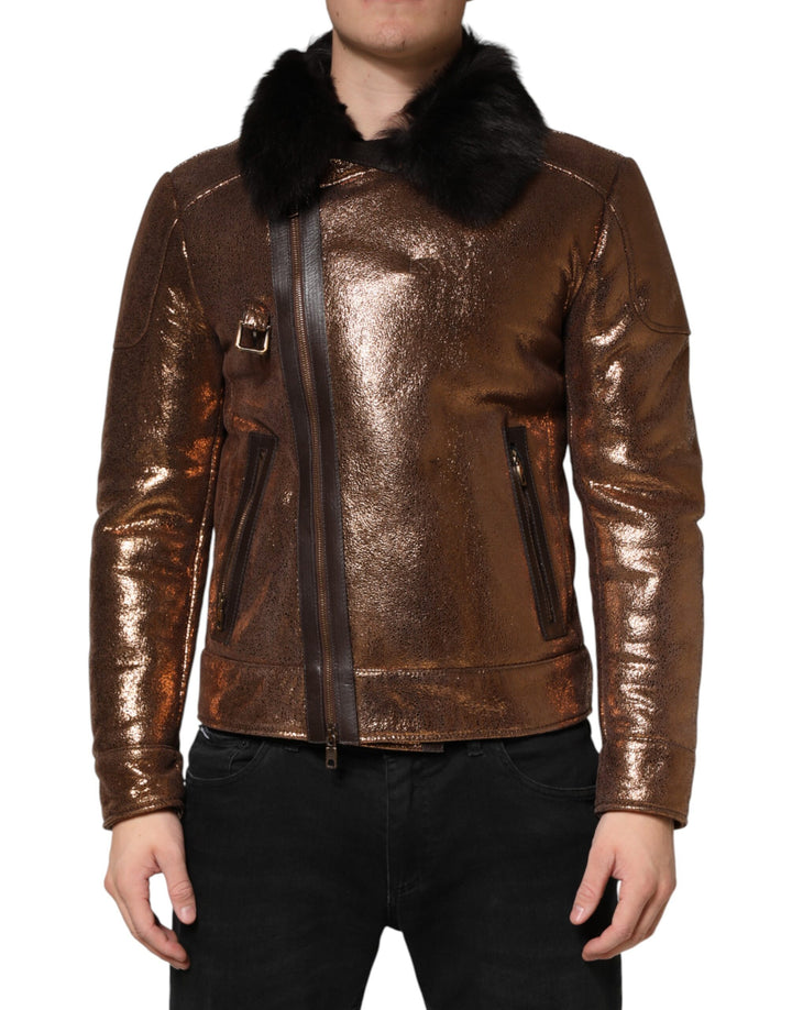 Bronze Leather Fur Full Zip Men Biker Jacket